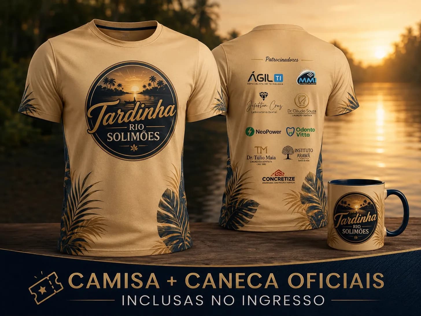 Kit oficial da Tardinha Rio Solimões: camisa e caneca oficiais, inclusas no ingresso.